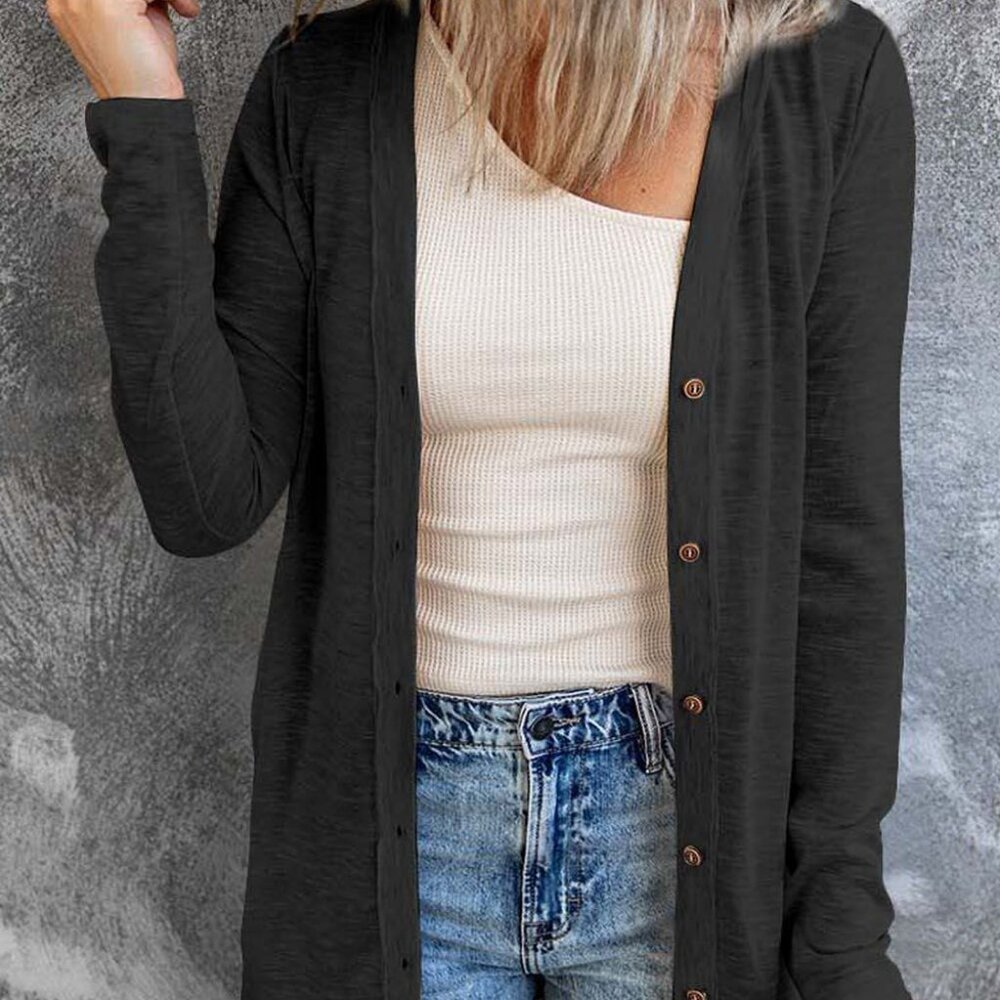 Black Fine Knit Buttons Front Cardigan Jacket L